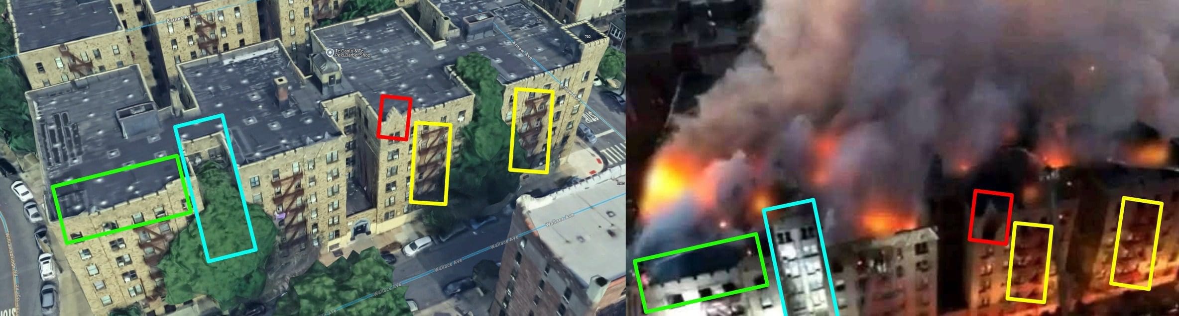 مطابقة صورة الادعاء (يمين)، مع صورة من خرائط جوجل (يسار) - حريق في نيويورك